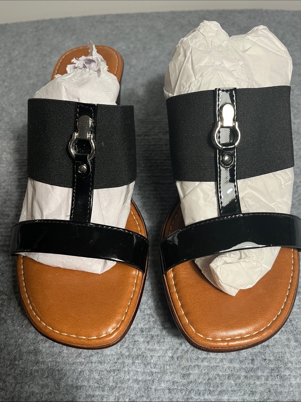 Italian Shoemakers Black Patent and Tan Slide Sandals with Silver Accent